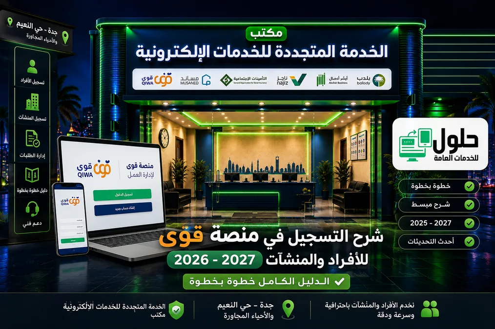 شرح التسجيل في منصة قوى للأفراد والمنشآت 2026 خطوة بخطوة من مكتب الخدمة المتجددة للخدمات الإلكترونية بجدة