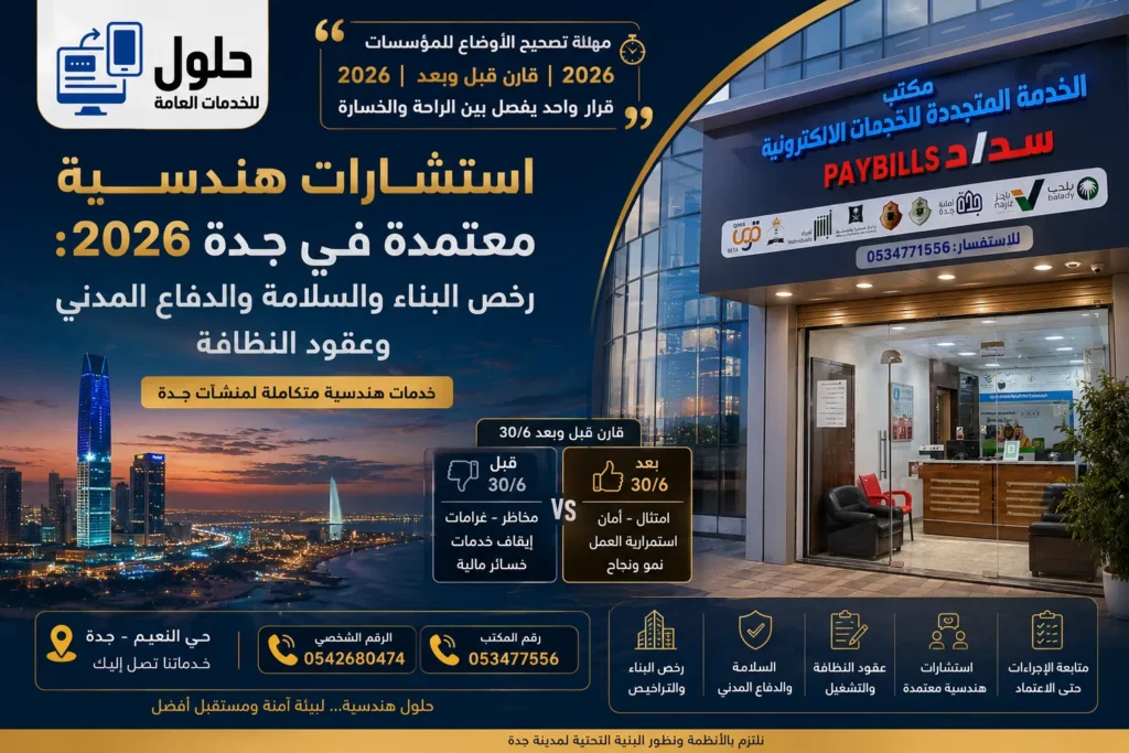 استشارات هندسية معتمدة في جدة 2026 لرخص البناء والدفاع المدني من مكتب الخدمة المتجددة