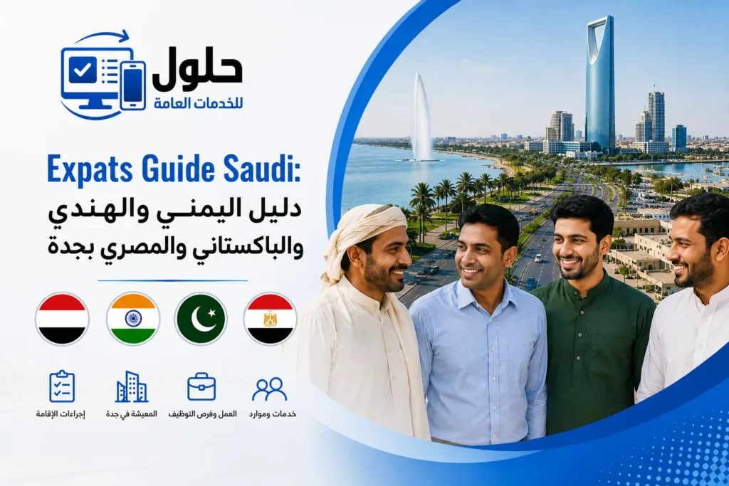 تصميم يعرض دليل المقيمين في جدة مع معالم المملكة وأعلام اليمن والهند وباكستان ومصر، ويغطي الإقامة والعمل والخدمات الحكومية وفرص التوظيف في السعودية