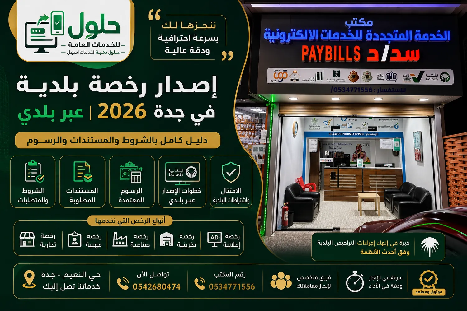 خطوات إصدار رخصة بلدية في جدة 2026 عبر بلدي من مكتب الخدمة المتجددة بحي النعيم