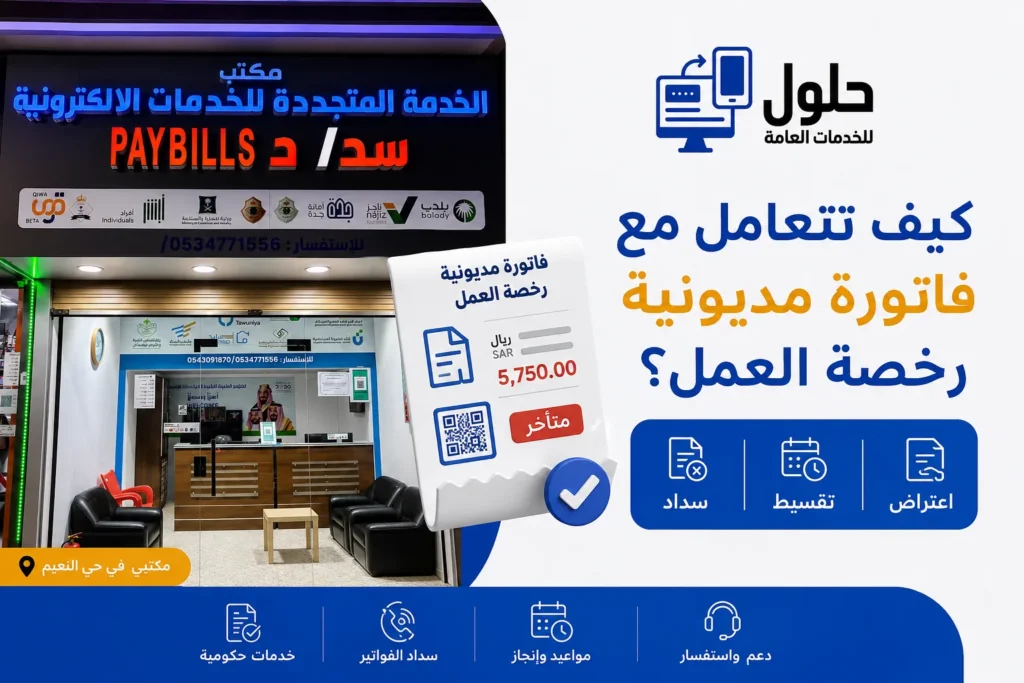 صاحب منشأة في جدة يراجع فاتورة مديونية رخصة عمل قبل الاعتراض أو التقسيط أو السداد