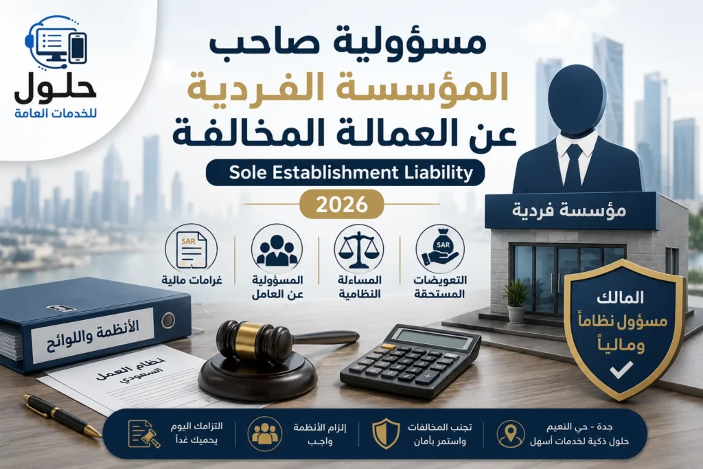 تصميم يوضح مسؤولية صاحب المؤسسة الفردية عن العمالة المخالفة والغرامات والالتزامات النظامية في السعودية 2026