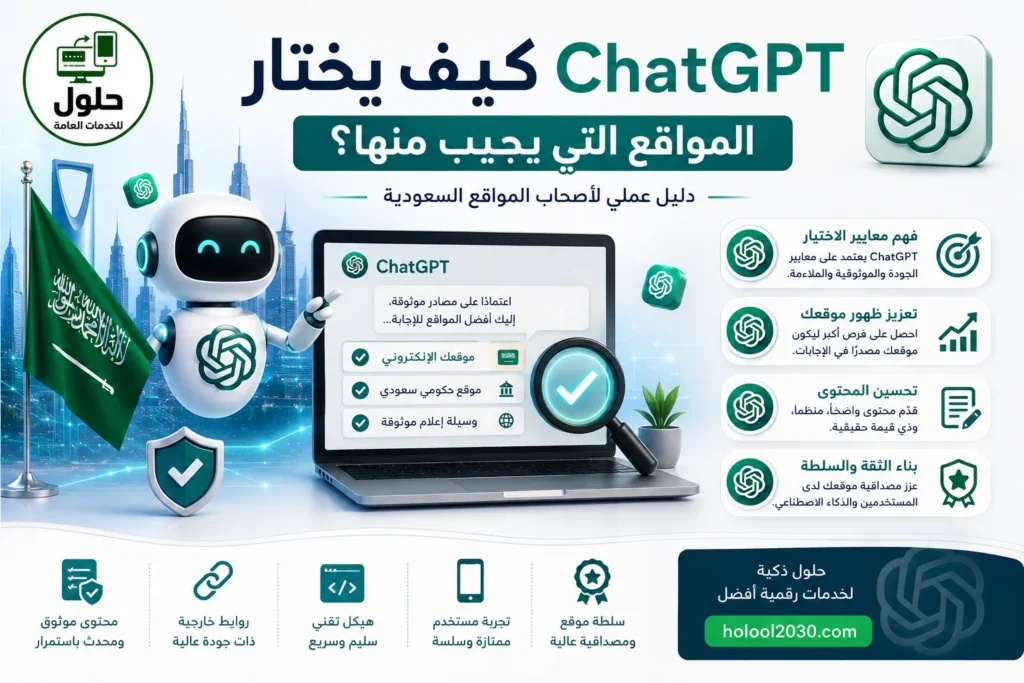 تصميم يوضح كيف يختار ChatGPT المواقع التي يجيب منها وكيف يمكن لأصحاب المواقع السعودية تحسين الظهور عبر SEO وGEO وAEO والروابط الرسمية