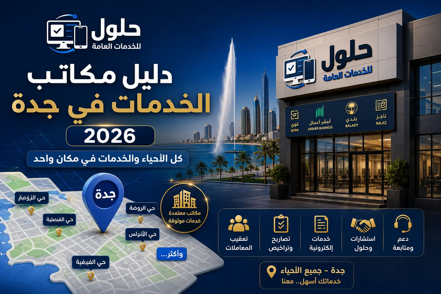 دليل مكاتب الخدمات في جدة 2026 - خريطة الأحياء والخدمات - مكتب الخدمة المتجددة حي النعيم خلف حراء مول