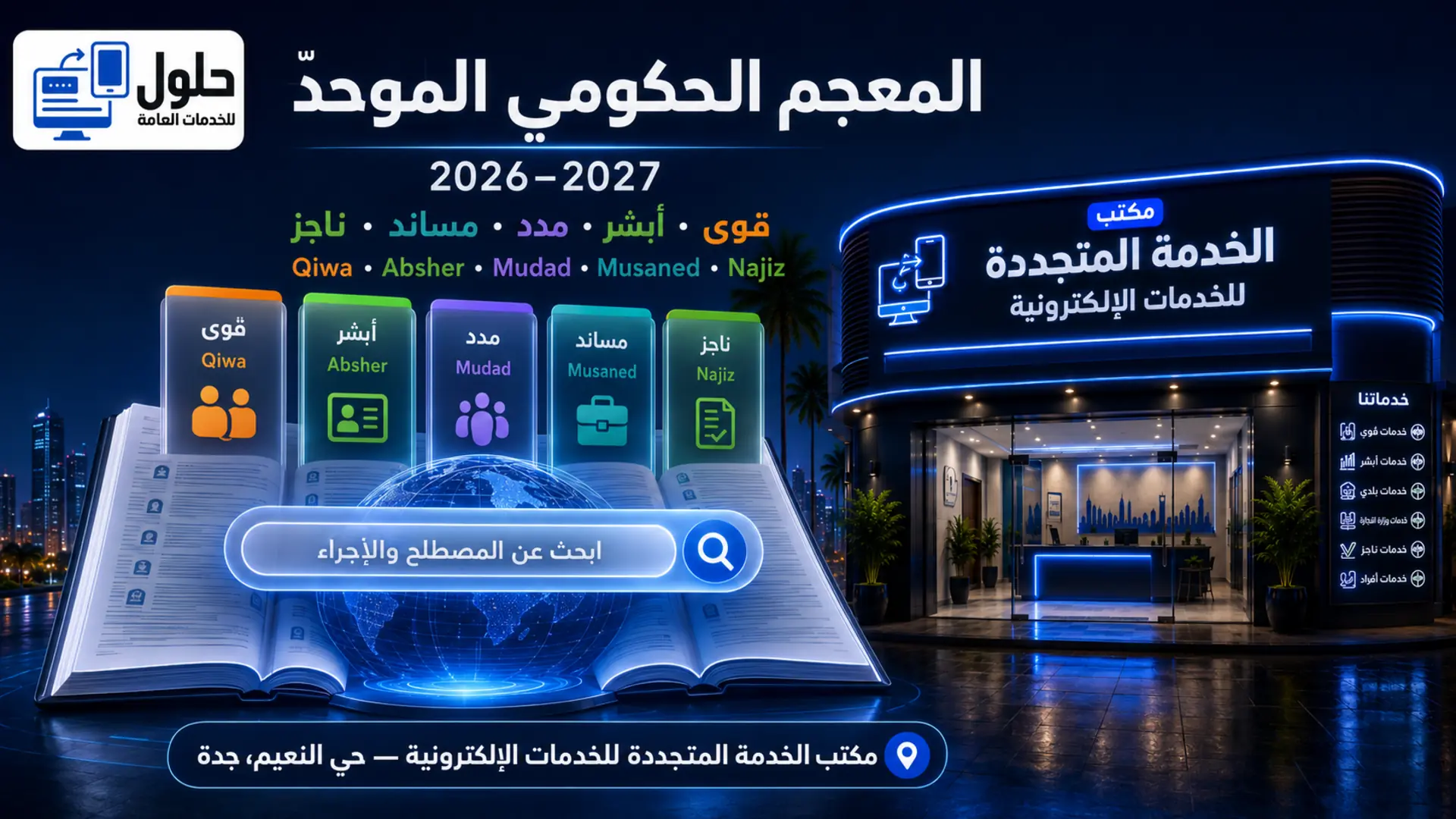 المعجم الحكومي الموحّد 2026-2027 لشرح مصطلحات قوى وأبشر ومدد ومساند وناجز في مكتب الخدمة المتجددة بجدة