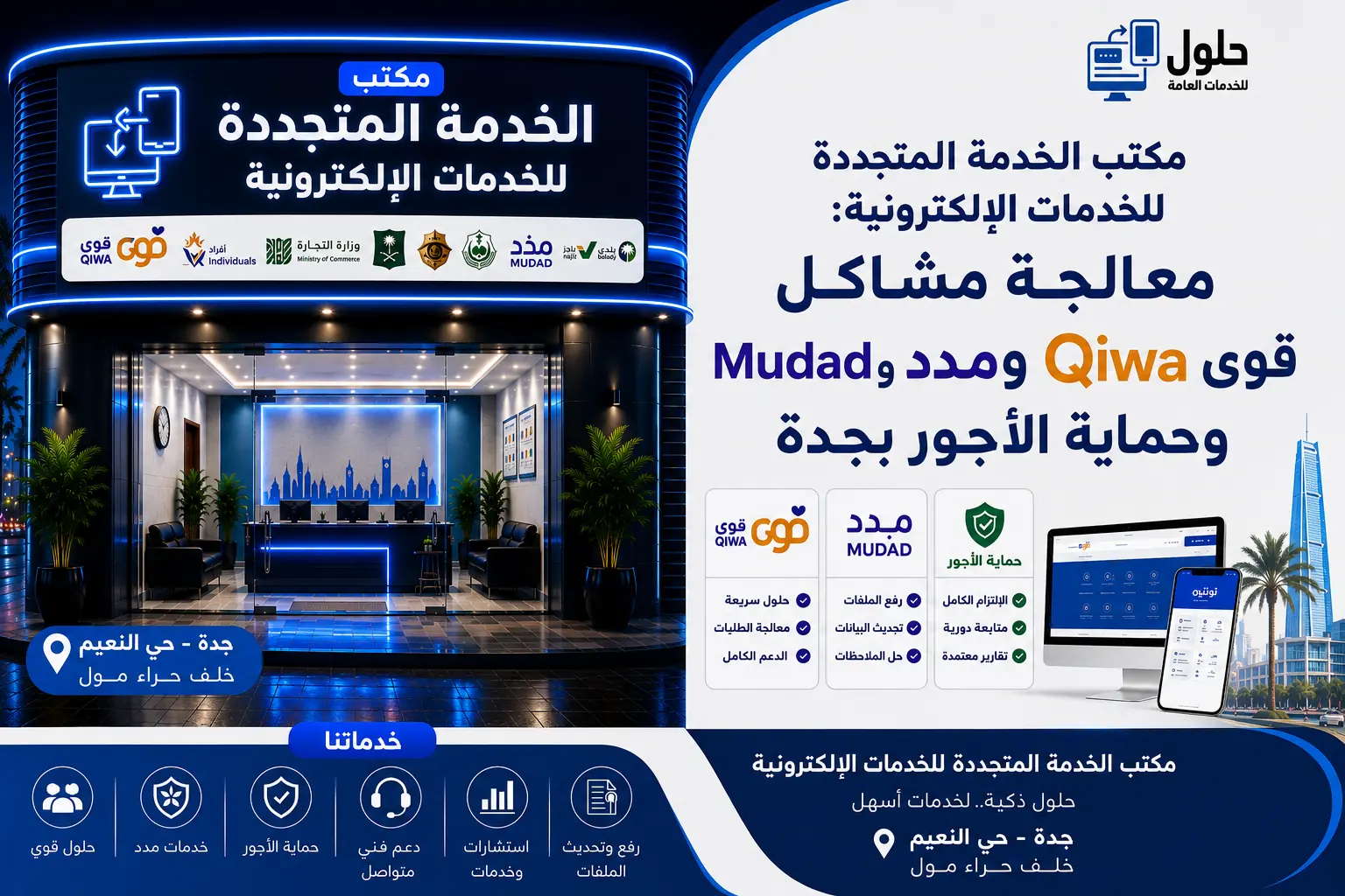 مكتب الخدمة المتجددة يعالج مشاكل قوى ومدد وحماية الأجور للمنشآت في حي النعيم بجدة