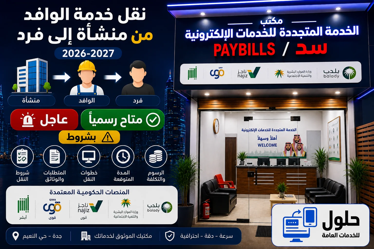 نقل خدمة الوافد من منشأة إلى فرد 2026-2027 والشروط والخطوات - مكتب الخدمة المتجددة بجدة