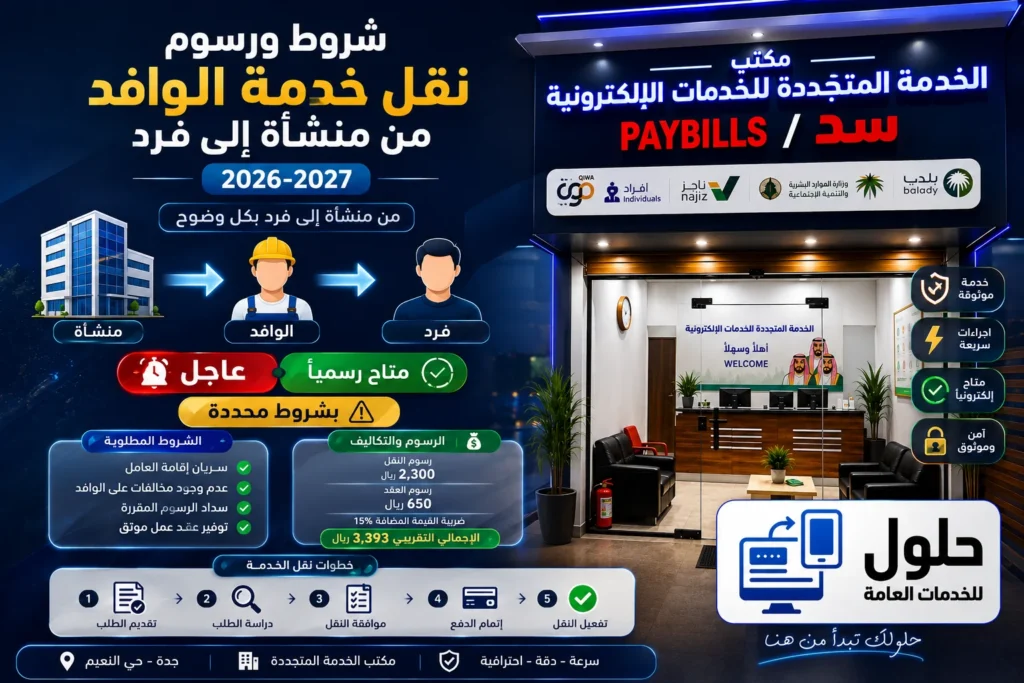 شروط ورسوم نقل خدمة الوافد من منشأة إلى فرد 2026-2027 - مكتب الخدمة المتجددة بجدة