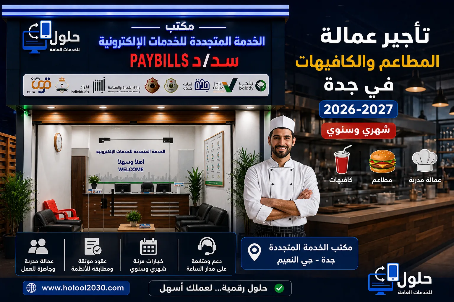 تأجير وتوفير عمالة المطاعم والكافيهات في جدة بعقود شهرية وسنوية 2026-2027