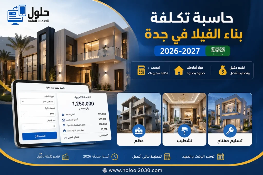 حاسبة تكلفة بناء الفيلا في جدة 2026-2027 عظم وتشطيب وتسليم مفتاح