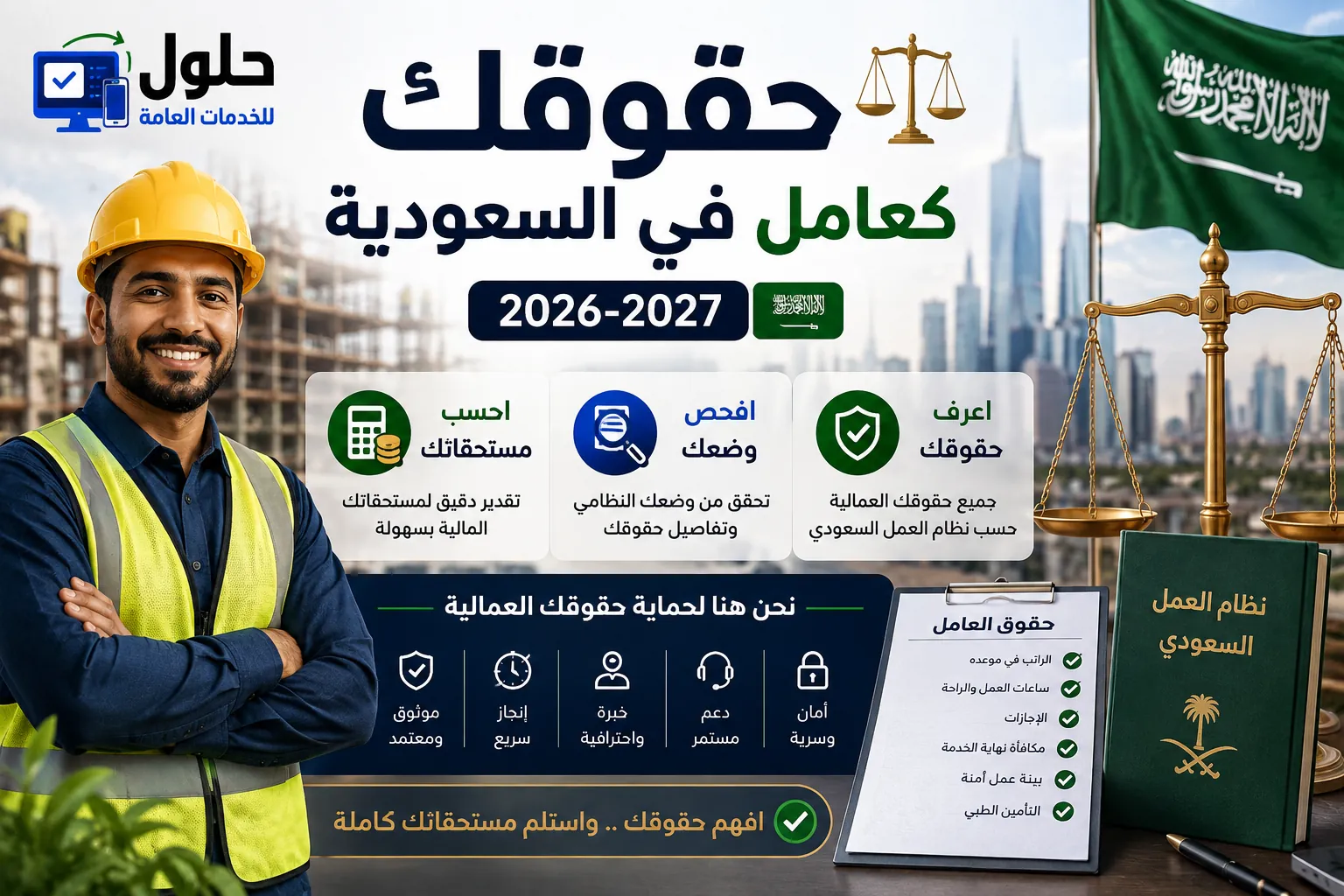حقوق العامل في السعودية 2026-2027 وحساب المستحقات وفحص وضع العامل