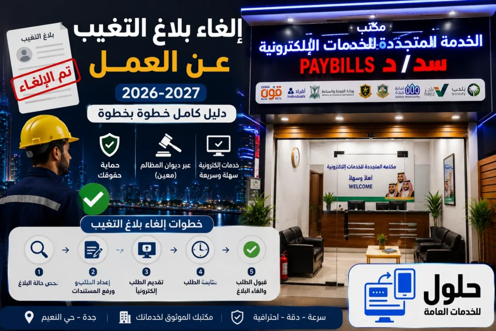 إلغاء بلاغ التغيب عن العمل 2026-2027 في السعودية - دليل كامل من مكتب الخدمة المتجددة بجدة