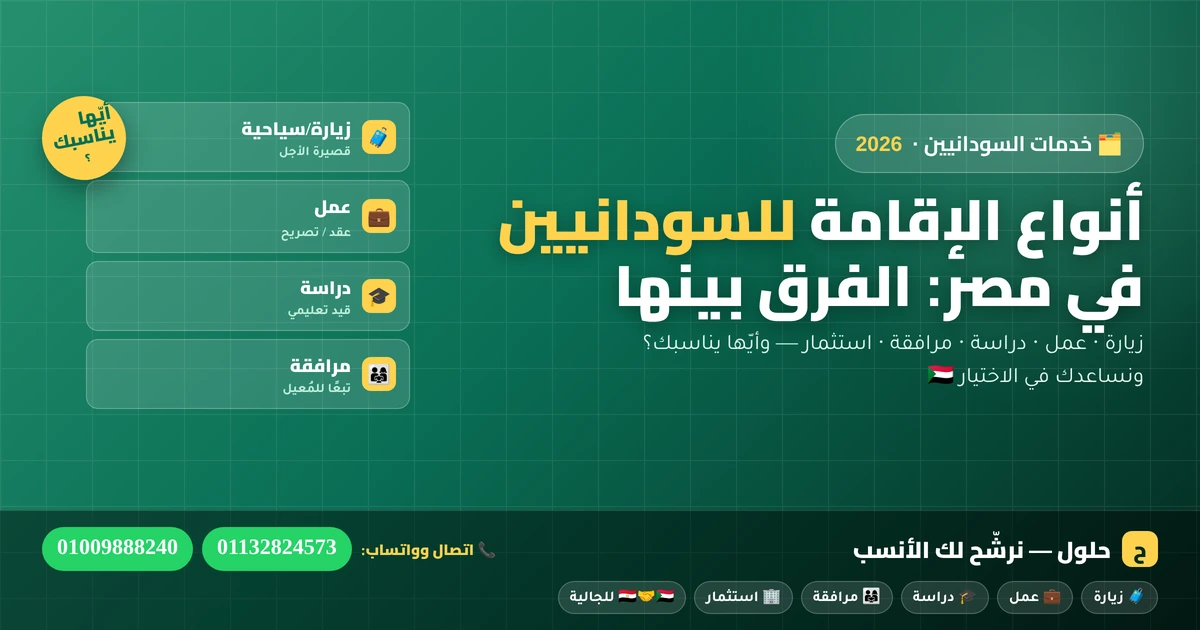 أنواع الإقامة للسودانيين في مصر والفرق بينها — زيارة وعمل ودراسة ومرافقة واستثمار 2026
